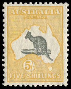 5/- Grey & Yellow-Orange, nicely centred MLH, with variety, "Spencer's Gulf very short". BW:46(D)n.