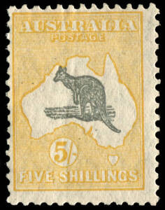 5/- Grey & Yellow-Orange, with variety, "Rat-faced Roo" also showing the characteristic duplication of shading to the Roo's forearm associated with this flaw. BW:46(V)k. MLH.