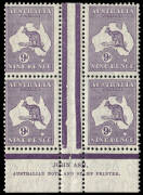 9d Violet, Ash Imprint (Plate 4, first state) block, MLH/MUH. BW:29zb.