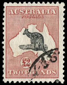 &pound;2 Black & Rose-Carmine, FU, with variety, "Rat-faced Roo" also showing the characteristic duplication of shading to the Roo's forearm associated with this flaw. BW:58(V)k.