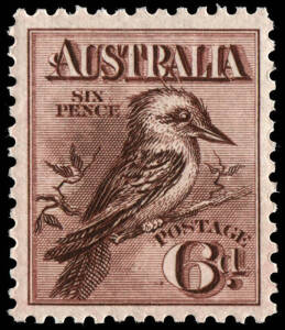 6d Kookaburra, singles MUH (exceptional centring!) & fresh CTO (with gum).