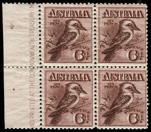 6d Kookaburra, block from left of sheet with large part Imprint in margin, fresh MUH/MLH.