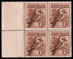 6d Kookaburra, marginal block from left of sheet; stamps ** & fresh.