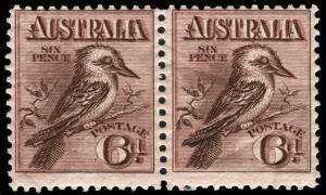 6d Kookaburra, horizontal pair, the right hand unit with variety "Recut inner frame below kookaburra's tail", fresh MVLH. BW:60d+. Cat.$350+