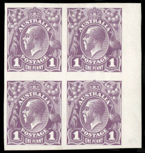 Perkins, Bacon & Co., 1d mauve, Imperforate Plate Proof marginal block (4) on thin white glazed card. BW:70PP(2)E.