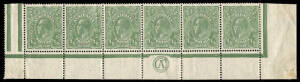 &frac12;d Green, CA MONOGRAM strip showing the "Dot before 2 in right value tablet" variety [R55] from Electro 4. BW:63(4)zb/q+.