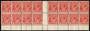Single Line Perforation: 1d Carmine-Red, marginal interpanneau block from the base of the sheet, showing the state of the plate prior to the inclusion of monograms. A few minor tone spots or reinforcements on reverse, none of which affect the fine mint ap