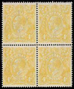 4d Lemon-Yellow, block. Very well centred & fresh. BW:110C.Provenance: Hugh Morgan, 2012.