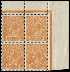 4d Orange, upper right corner block, WATERMARK INVERTED. While the upper pair are affected by a horizontal crease, the lower pair are perfect and incorporate the "LINE THROUGH FOUR PENCE" variety [R12]. A superb combination with the watermark variety.Prov