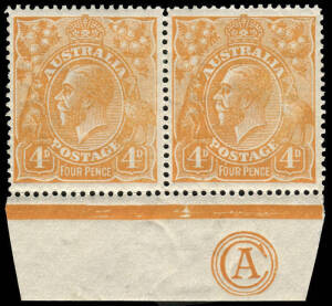 4d Orange, CA MONOGRAM pair; unit 57 with "Break in upper frame at right of crown & white spot over FO of FOUR", Unit 58 with White spot on 2nd lowest wattle at left and white spot over FO of FOUR". Most attractive. BW:110(1)zb+ - $1000+.