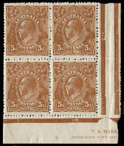 5d Chestnut, corner block incorporating a large portion of the rare HARRISON Imprint together with variety "Damaged N.E. corner" [L59].