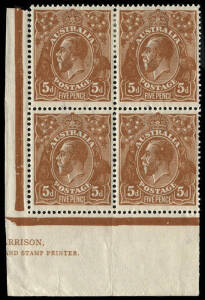 5d Chestnut, corner block incorporating a large portion of the rare HARRISON Imprint together with varieties recorded by Davidson, Dix & Rowntree "Irregular flaw on lobe of ear" [R49], "Small flaw above right arm of T of AUST" [R49] & "Irregular flaw in k