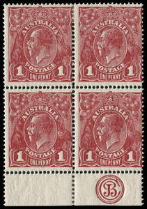 1d Red, JBC MONOGRAM block incorporating 2 pairs Die 2 + Die 1. Some perf. separation; fine & fresh. BW:72(1)fa/za - $2300+.