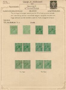 &frac12;d Green: A fine study on annotated pages including singles, blocks & pair;, examples with Watermark Inverted and Plate varieties (some noted as per BW) with shades, positional pieces, etc. including 3 examples of the "Thin fraction at right" variety. Sev