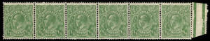 &frac12;d Green, Electro 5, superb horizontal strip with exceptional example of the "cracked electro" variety [L46] "from left wattles to forearm of kangaroo". Rarely seen mint and in this format. BW:65(5)ha.