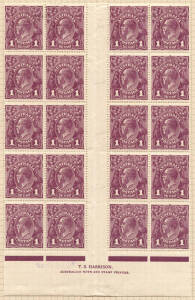 1d Deep Violet, Harrison 2-line Imprint block from Plate 4, additionally with varieties "Ferns", "RA joined", "Roo's tongue out" and other minor flaws; very fine & fresh, mainly MUH (including the Imprint blk.). BW:76(4)z+.