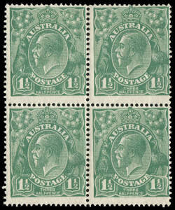 1&frac12;d Green, block incorporating the dramatic "Cracked electro" variety [R26] together with the "shield-shaped flaw on Roo's leg" [L19] noted by Guy. A particularly scarce multiple mint. BW:88(17)m+.