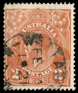 2d Deep Orange, FU single with superb example of "Cracked electro through right wattles to L of AUSTRALIA" with cds dated Feb.14 1921. BW:95(U)o.