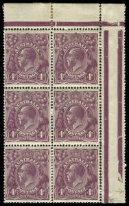 4d Violet, upper right corner block from the left pane, with varieties "Thin FOU of FOUR retouched" [2L12] and "Weeping 4 at right" [2L18]; fine & fresh; some perf. reinforcements. BW:111(2)e & f.