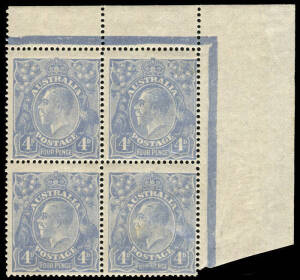 4d Ultramarine (Cooke Plates), upper right corner block incorporating the varieties "Left frame broken at top" [R6) and "Thin FOUR PENCE - later state (deteriorated)" [R12] - referred to as the 3rd State by Davidson & Dix. A very fine positional piece. BW