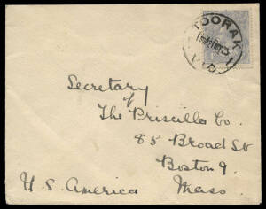 4d Milky Blue, usage on May 1923 cover from Toorak to Boston, Massachusetts. A lovely single franking.