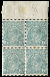1/4 Greenish blue, upper marginal blk (4) with "Flaw in emu's tail and upper frame" and "Flaw in crowm"; BW.128d & e, 1L2 & 3. L/hand units superb, r/hand units with tone spots. MUH.
