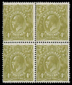 4d Olive block, with varieties "Colour spot across oval in front of face, etc" and "Third pearl at L elongated".