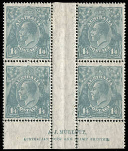1/4 Greenish-Blue, MULLETT Imprint block; 3 MUH/1 Mint. A rare imprint in very fine, fresh condition. BW:129z - $2000.