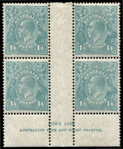 1/4 Greenish-Blue, Ash Imprint block, very fine & fresh. Rarely found completely ** as here. Superb.