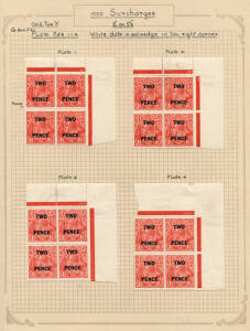 TWO PENCE on 1&frac12;d Scarlet: specialised range on album pages, including Plates 1 - 4 in corner blks., various Imprint blk. incl. varieties, overprint & plate flaws in positional pieces, etc.