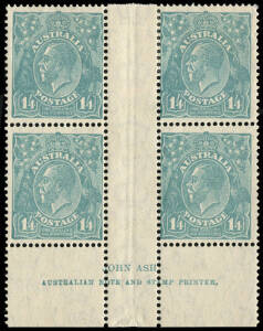 1/4 Greenish-Blue, Ash Imprint block; 2 MUH/2 Mint. Fine & fresh. BW:131z - $750.