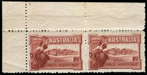 1927 1&frac12;d Canberra: A specialized range including complete Plate No.9 in the margin of a corner pair, a complete sheet with 2 units CTO on the FDI, a corner blk.4 CTO at PARLIAMENT HOUSE CANBERRA on the FDI with "Flag at half mast" variety, other blocks an