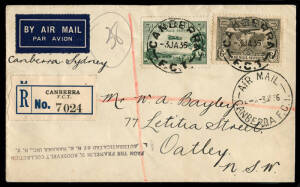 3d Airmail booklet stamp, Type B (31.75x21.5mm) together with 6d K'ford Smith on 1936 regd. airmail cover, Canberra - Sydney. Endorsed from the Franklin D. Roosevelt collection.