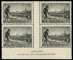 1934 Victoria Centenary, perf.11&frac12;: complete set in blks.4; the 1/- being an Imprint blk.