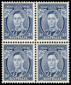 KGVI 3d Blues: Die 1A, Die 2 (Thin paper) & Die 3, all in well centred blks.4.