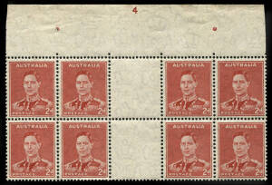 1938 (SG.184) 2d Scarlet KGVI (Die II) Sheet A, interpanneau gutter block showing complete Plate No.4 (complete!); BW:188zc. Very fine, hinged in selvedge only. MUH.
