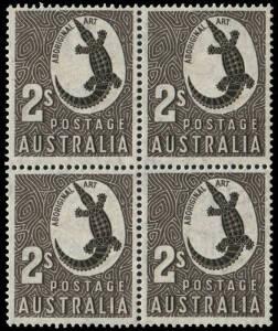 1948 (SG.224 var.) 2/- Aboriginal Art, THIN PAPER [BW.263a - $300] block. Superb MUH. With normal stamp for comparison.