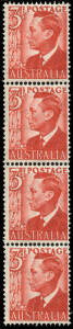 COILS: 1951 (SG.235aa & 237da) KGVI 3d Scarlet (21, in strips of 3 or 4, some with coil joins); and 3d Dark Green (17, in pairs & strips of 3, some with coil joins).