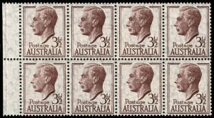 1951 (SG.247 var.) 3&frac12;d Brown-purple KGVI, left marginal block on THIN PAPER (0.086mm); BW.253a - $800.