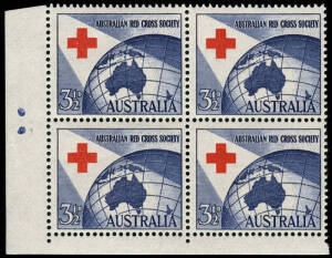1954 3&frac12;d Red Cross, lower left corner block with two full Plate dots; BW.312zp. Superb. Cat.$300.