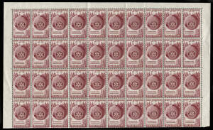 1955 3&frac12;d Rotary, upper four rows of sheet with "Pre-printing paper creases" affecting 23 units, extra lines and voids everywhere. Unique & quite dramatic.