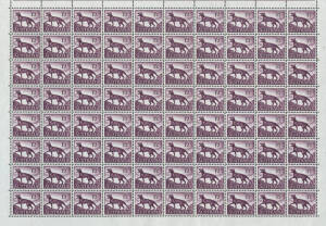 1962 (SG.321) 1/2 Tasmanian Tiger, complete sheet with perf. pips at left.