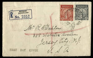 18 March 1935 2d & 1/- ANZAC on registered FDC from BRISBANE to USA.