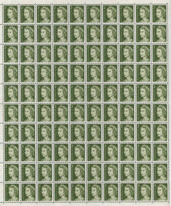 1966 (SG.383) 2c Olive-Green, a complete unmounted mint sheet showing STRONG OFFSETS on every unit. A spectacular multiple and certainly UNIQUE in this format. BW:437c - $10,000.