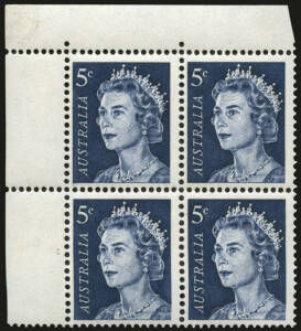 1967 5c Blue QE2, upper left corner block with EXCEPTIONALLY STRONG OFFSET to all units. Spectacular.