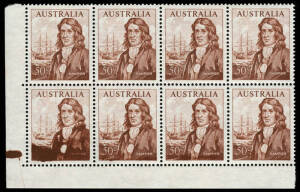 1966 (SG.399) 50c Dampier, lower left corner block with dramatic inking flaw affect 3 units in Row 10, but most dramatically, the corner unit which shows "50c" and "DAMPIER" almost completely obliterated and with additional ink in the margin alongside. UN