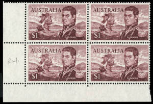 1966 (SG.401) $1 Flinders: varieties in positional blks.4 or strips of 3, comprising L10/1 "Extensive recut between sails and eye", L10/2 "extra shading over T", R7/1 "recut shading over TR", R10/3 "left frame" missing and 2 retouch states, Plate 3 blk.4.