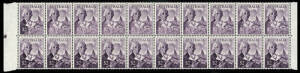 1966 (SG.402) $2 Bass, complete horizontal block with perf pip at left; showing dramatic INK STRIPPING affecting the entire upper row, "BASS" being almost illegible on several units.