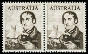 1966 (SG.403) $4 King, horizontal pair showing extensive ink stripping resulting in "white faced" King plus almost complete loss of fine engraving in background sky, sails and hand. Accompanied by a normal single for comparison.