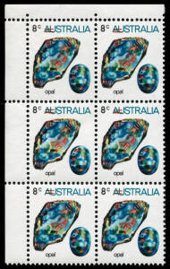 1973-74 Gemstones: 9c on 8c Opal in matched corner blocks (6), with variety 'Surcharge misplaced to right', accompanied by normal overprint example. [BW.646c].